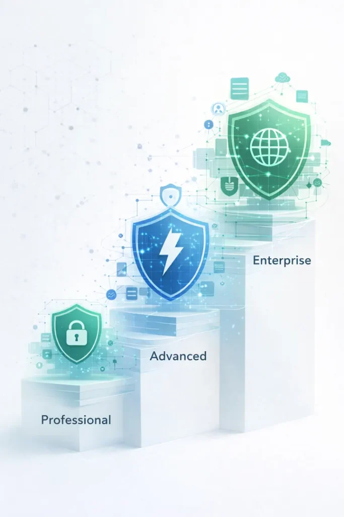 Cybersecurity Aberdeen managed security levels showing scalable protection from professional to enterprise cyber security services for businesses.