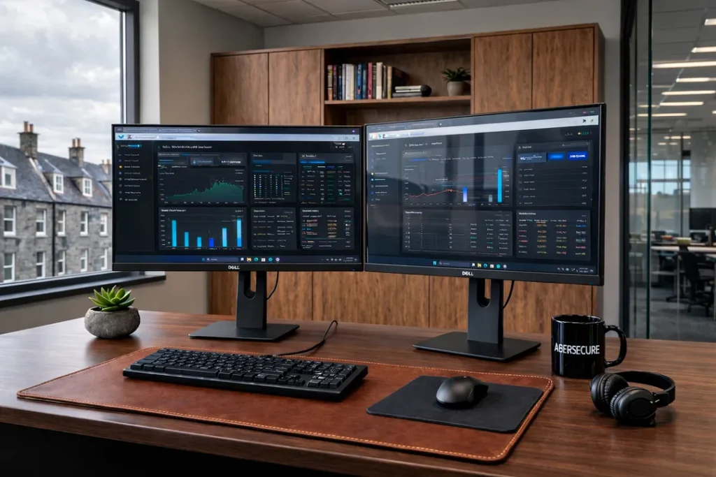 Modern cybersecurity workspace in Aberdeen office with dual monitors displaying security dashboards and analytics.