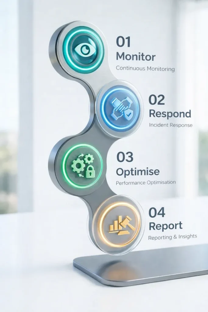 Managed IT support Aberdeen operating model diagram showing monitor, respond, optimise and report lifecycle.