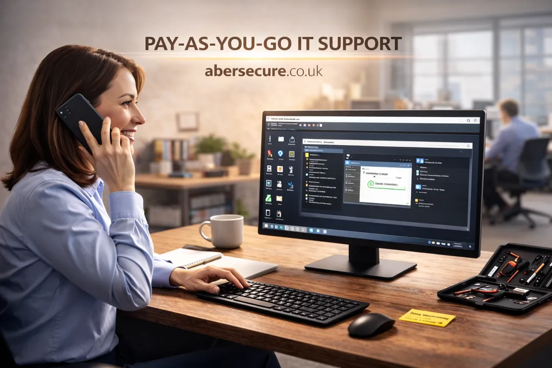 Office professional receiving technical help while working at a desktop computer using pay-as-you-go IT support