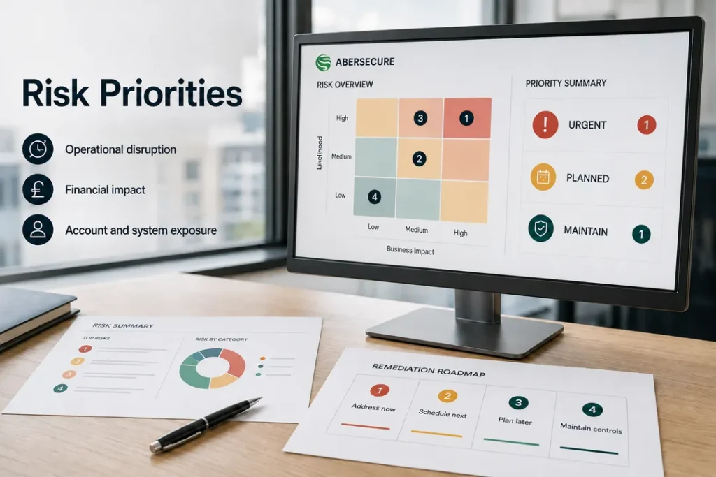 Cyber risk priorities showing business impact ratings and a phased security roadmap