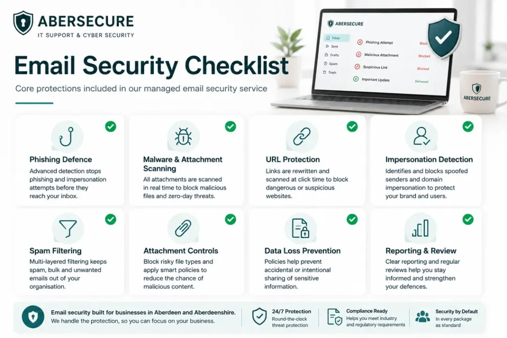 Email security checklist showing phishing defence, malware scanning, URL protection, impersonation detection, spam filtering, data loss prevention and reporting.
