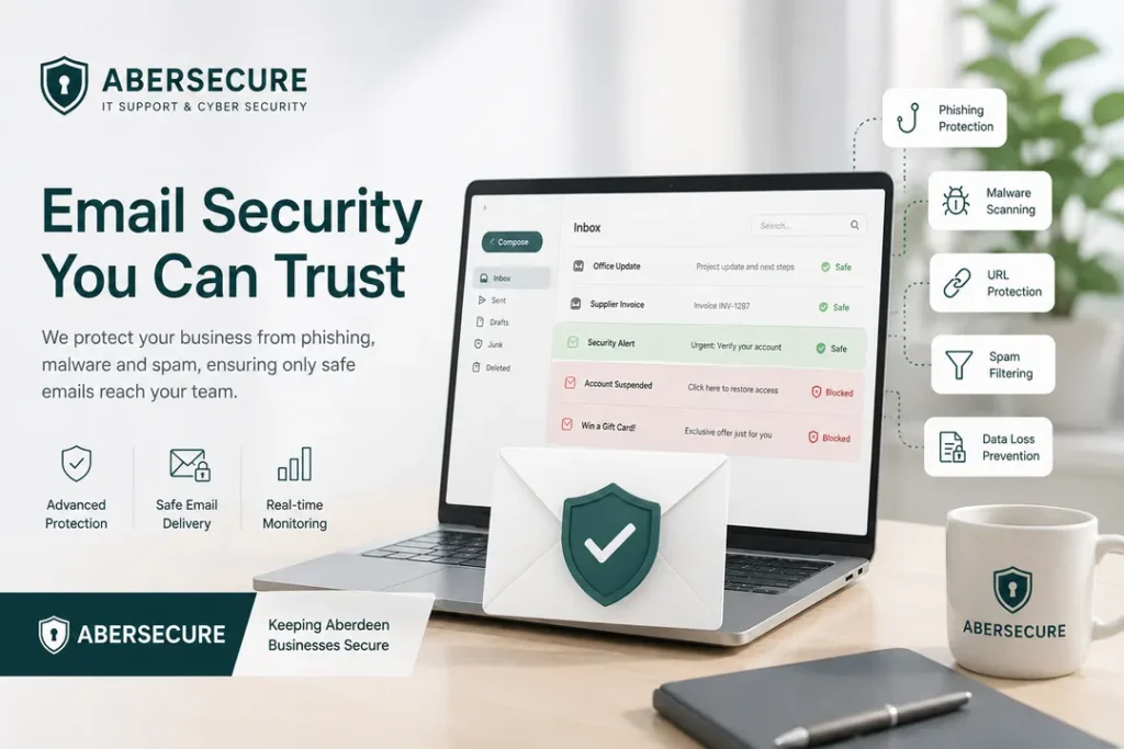 Email security service image showing Abersecure business email protection with phishing, malware, spam and unsafe message filtering.
