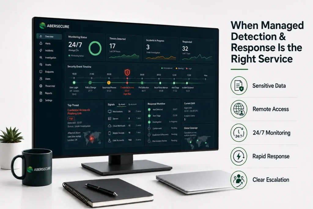 Abersecure Managed Detection and Response dashboard showing 24/7 threat monitoring, investigation and incident escalation.