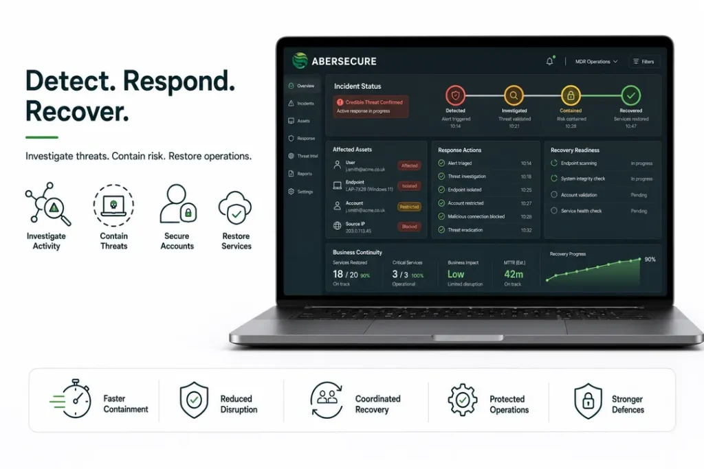 Abersecure dashboard showing threat investigation, containment, coordinated response and business recovery.