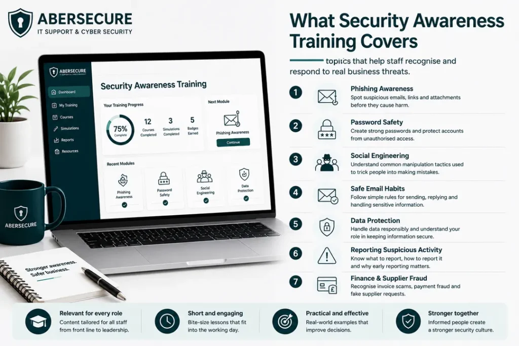 Security awareness training image showing an Abersecure training dashboard with phishing awareness, password safety, suspicious email reporting and request verification.