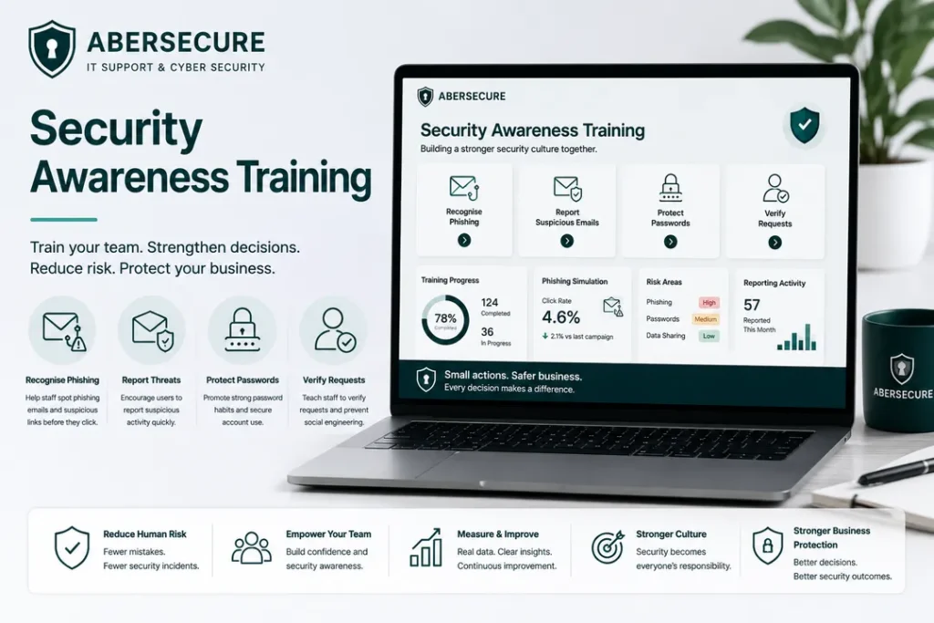 Security awareness training curriculum showing phishing awareness, password safety, social engineering, safe email habits, data protection, suspicious activity reporting and finance fraud awareness.