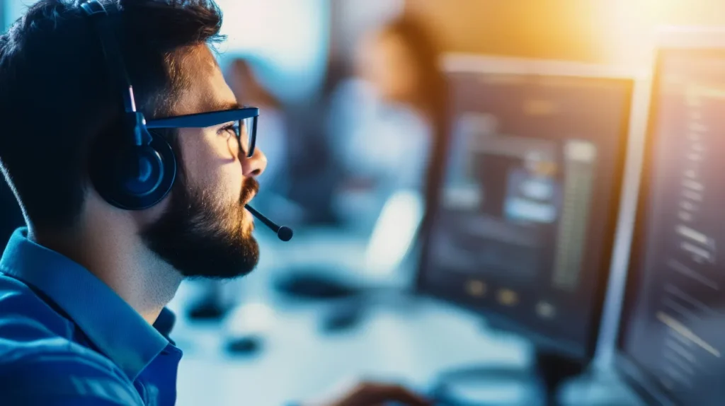 IT Help Desk Support engineer providing technical assistance from a business office