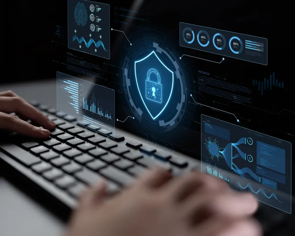Cyber incident response monitoring with security dashboards, threat analysis and protected systems during an active investigation.