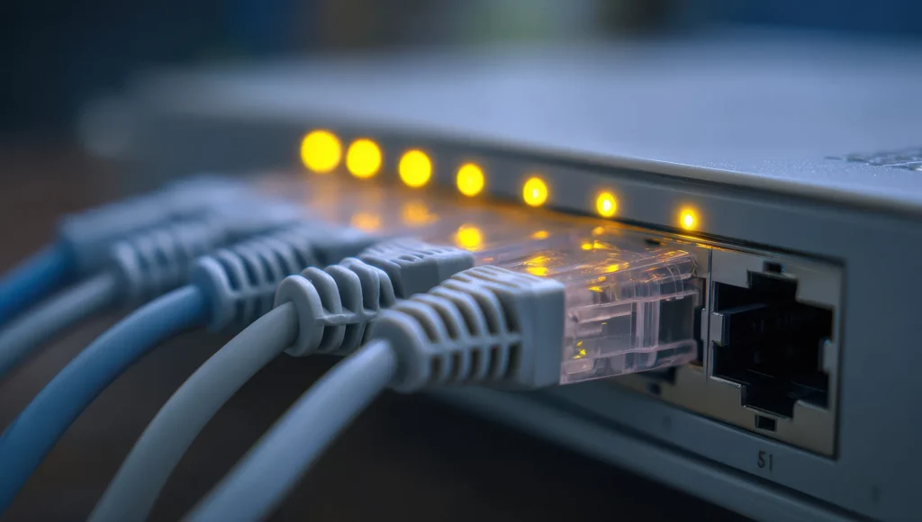 Close-up of Ethernet connections and status lights on business network equipment used for network monitoring.