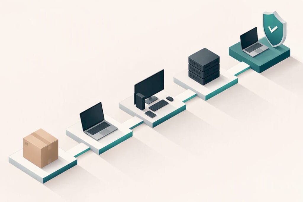 Isometric device lifecycle title card