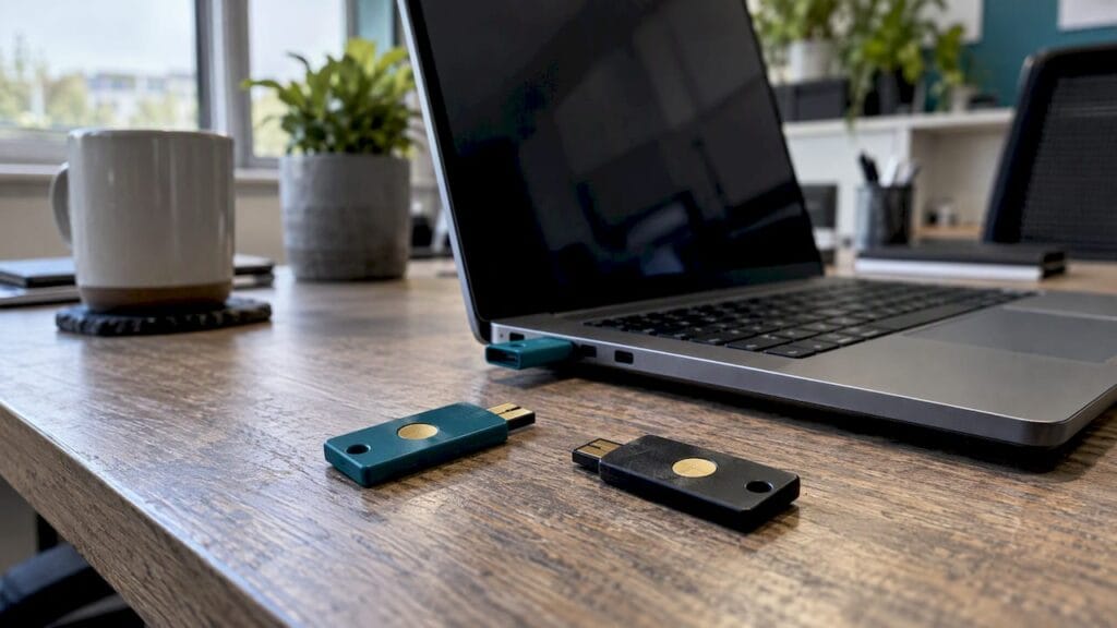 FIDO2 security keys beside an administrator laptop