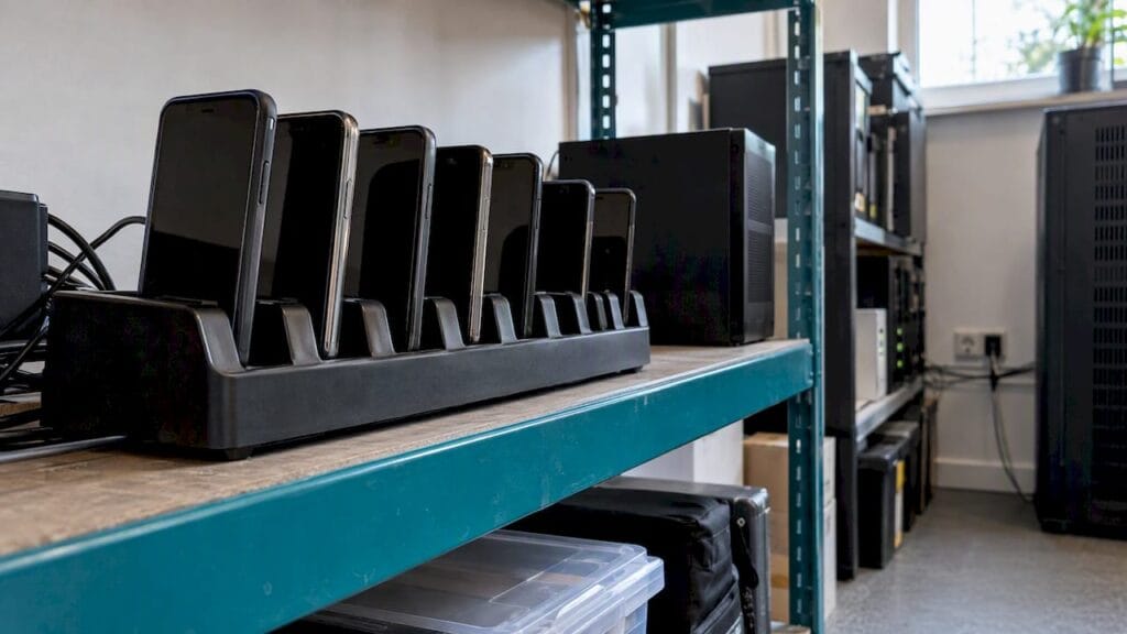 Business smartphones charging on a storage shelf