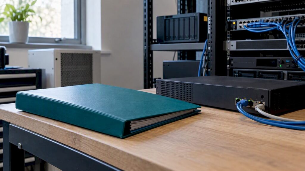 Supplier folder beside business network security equipment