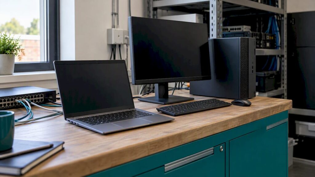 Laptop and desktop workstation in an IT room