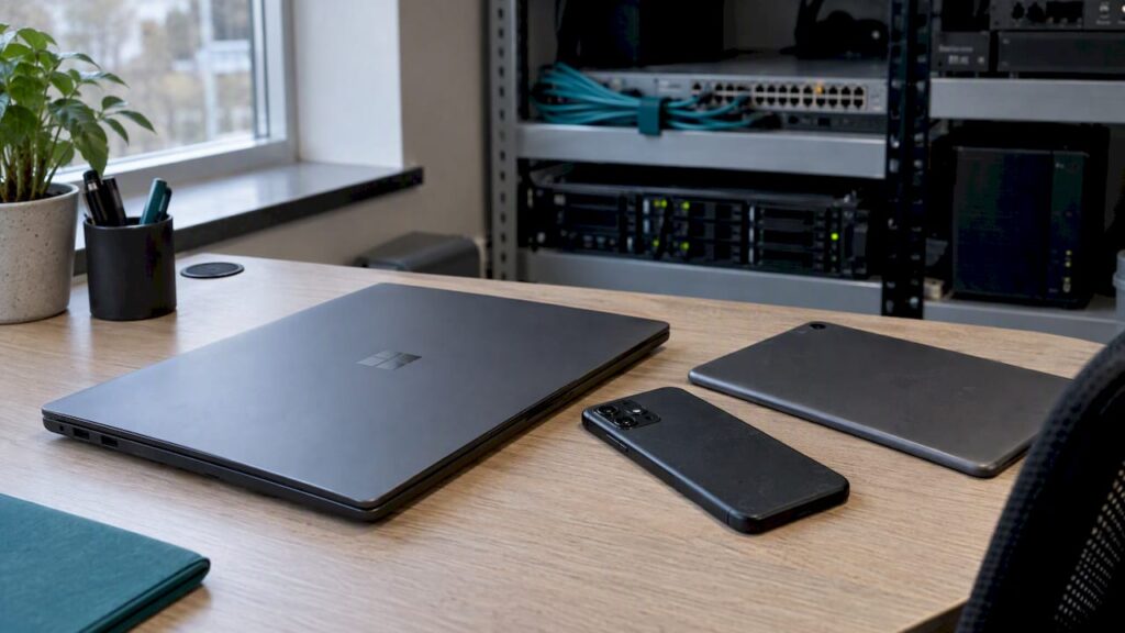 Laptop, smartphone and tablet in a small-business IT office