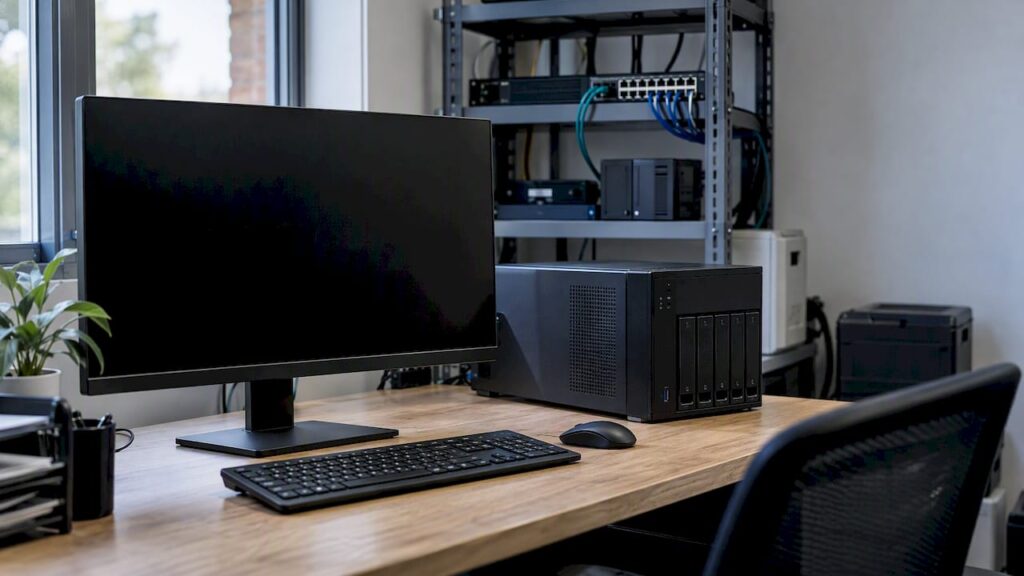 Powered-down workstation beside a small server