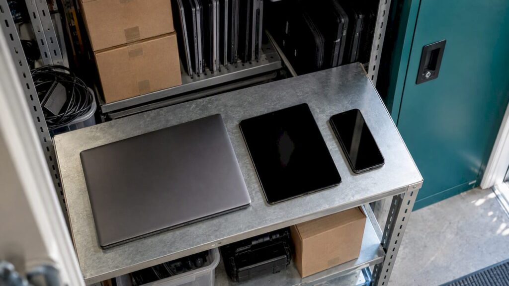Company devices arranged in secure equipment storage
