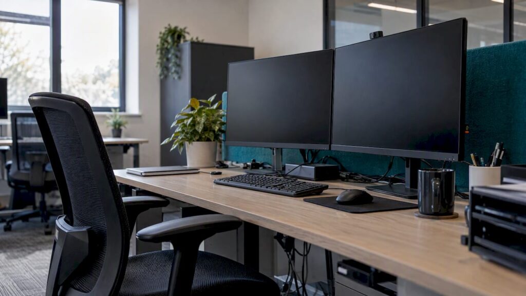 Empty Teams administration workstation in SME office
