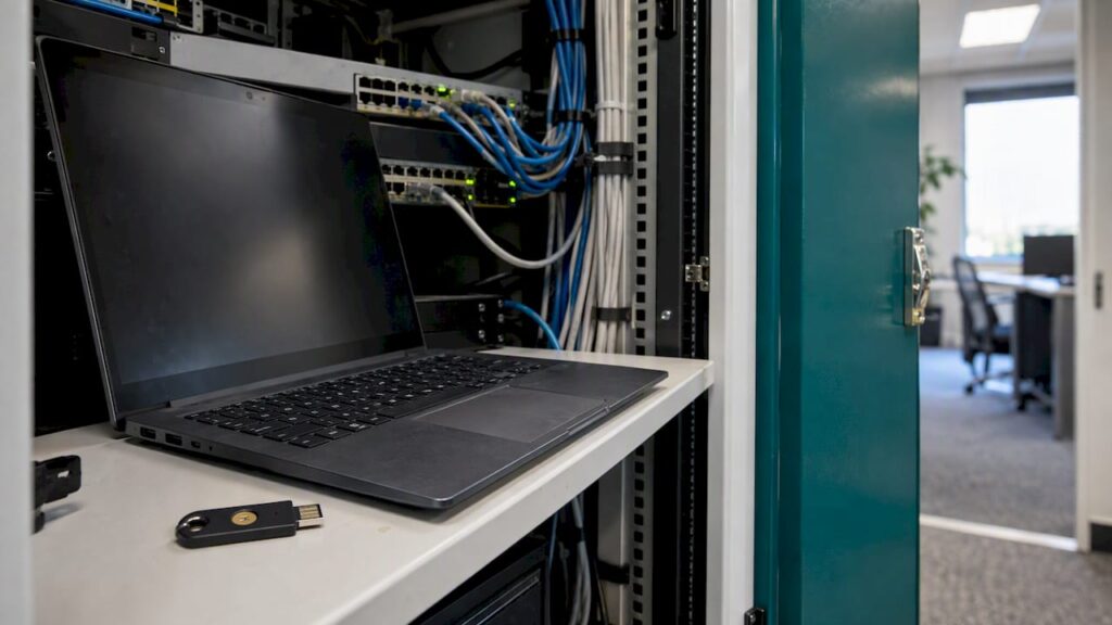 Laptop and security key in business comms cupboard